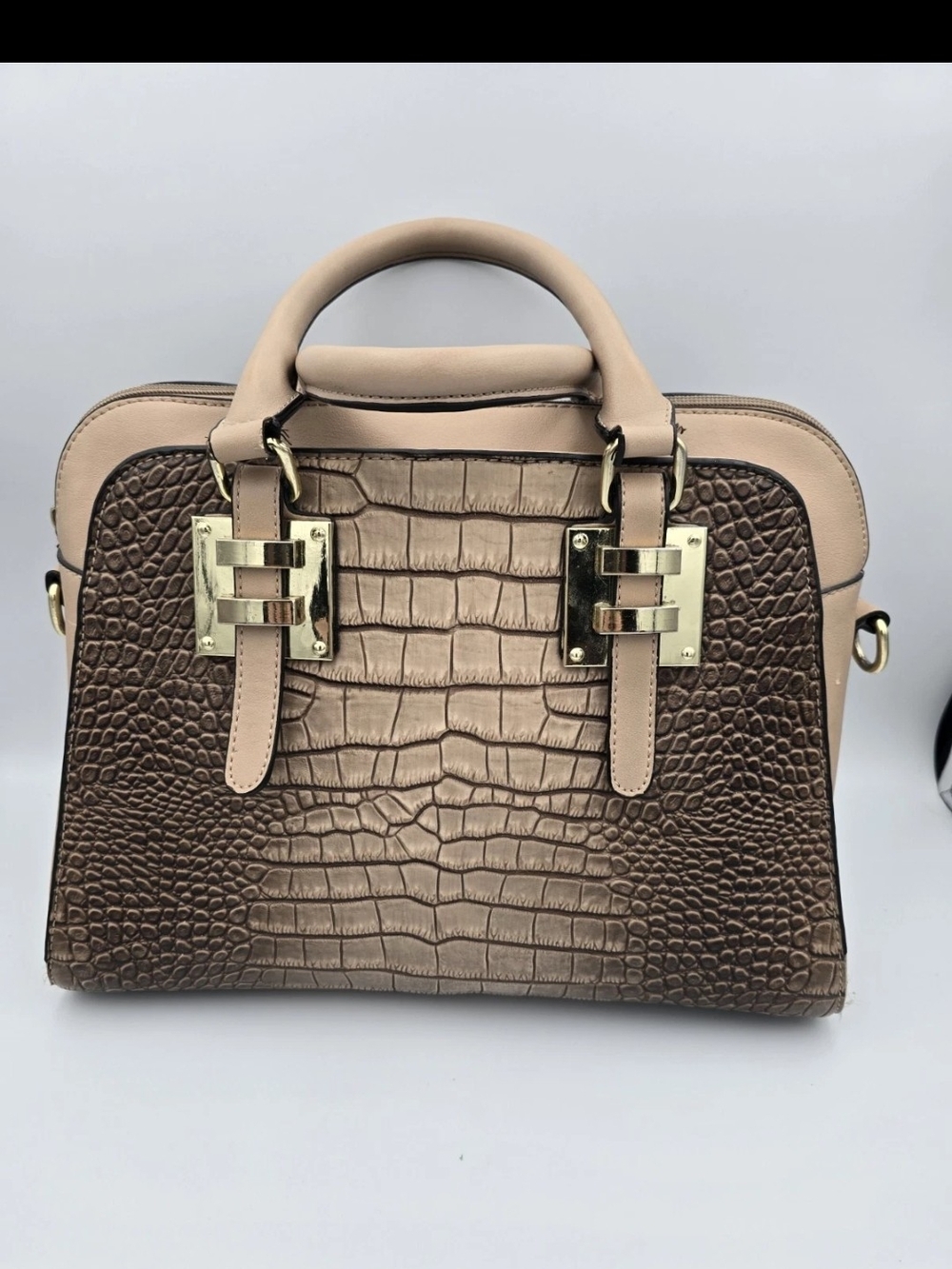 Croc-Embossed Two-Tone Taupe Shoulder Satchel
